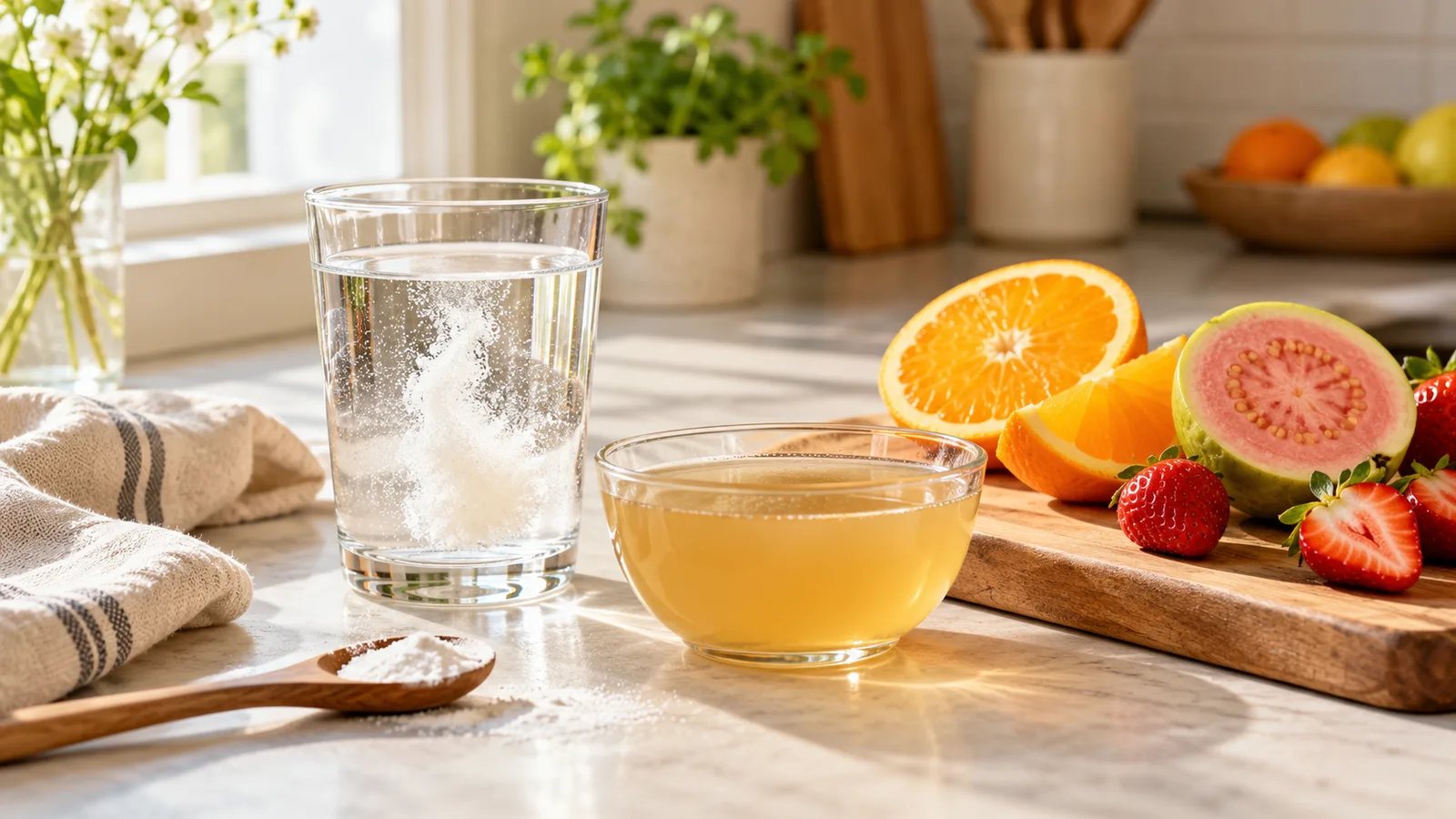 Segelas minuman kolagen, kaldu bening, jeruk, dan jambu biji di meja dapur yang terang