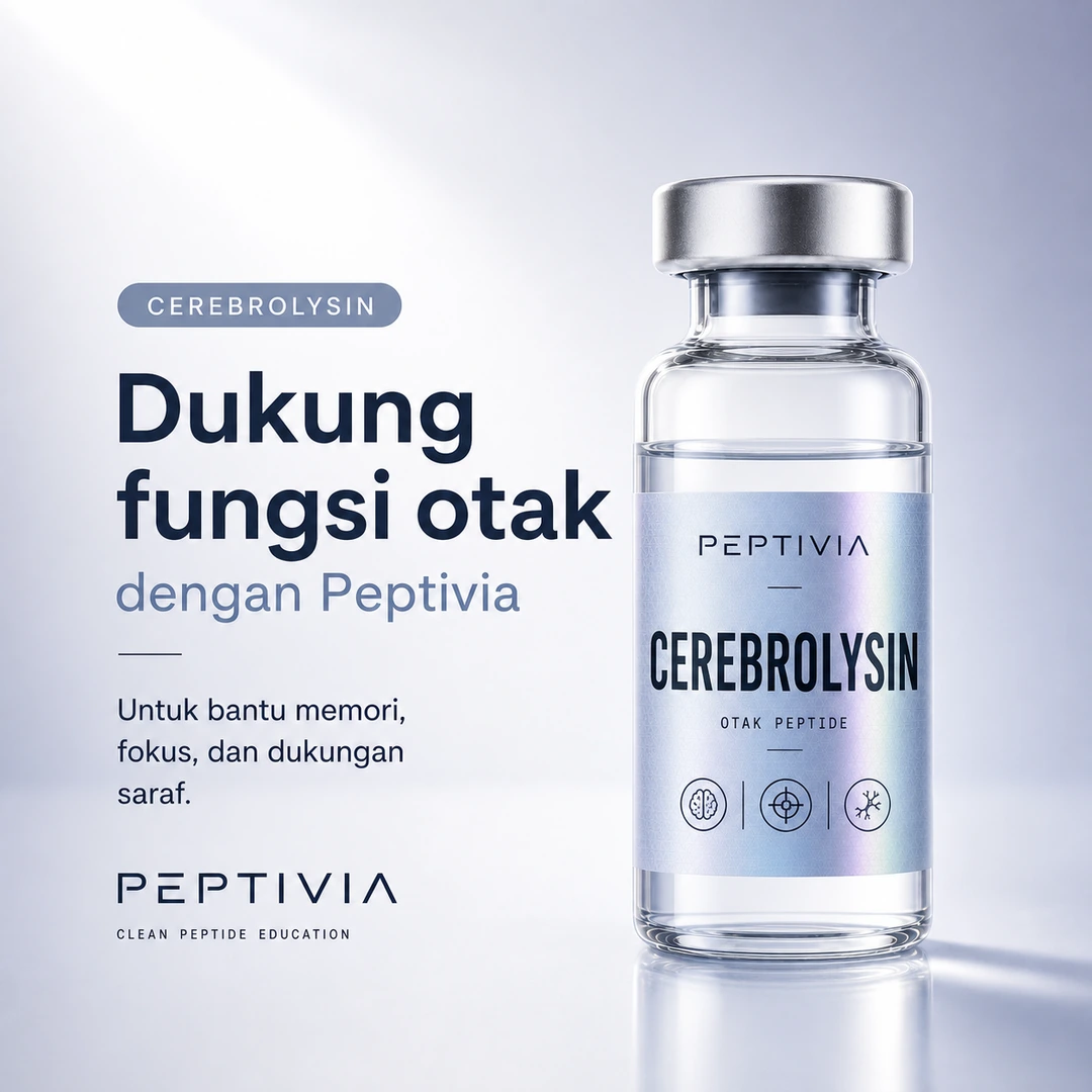 Vial Peptivia Cerebrolysin, poster bertema graphite blue dengan headline Dukung fungsi otak