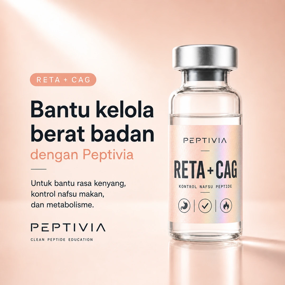 Vial Peptivia Retatrutide plus Cagrilintide, poster bertema peach dengan headline Bantu kelola berat badan