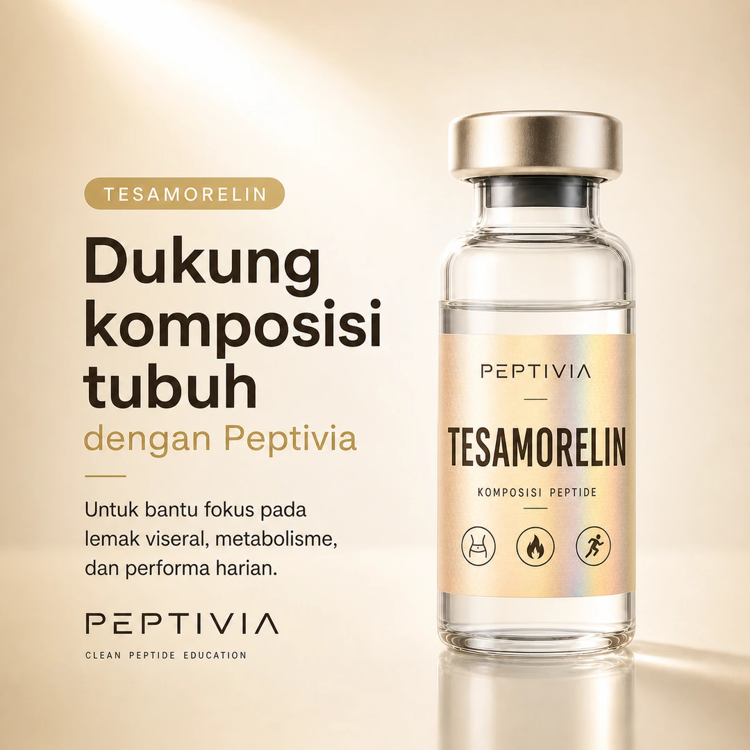 Vial Peptivia Tesamorelin, poster bertema amber dengan headline Dukung komposisi tubuh