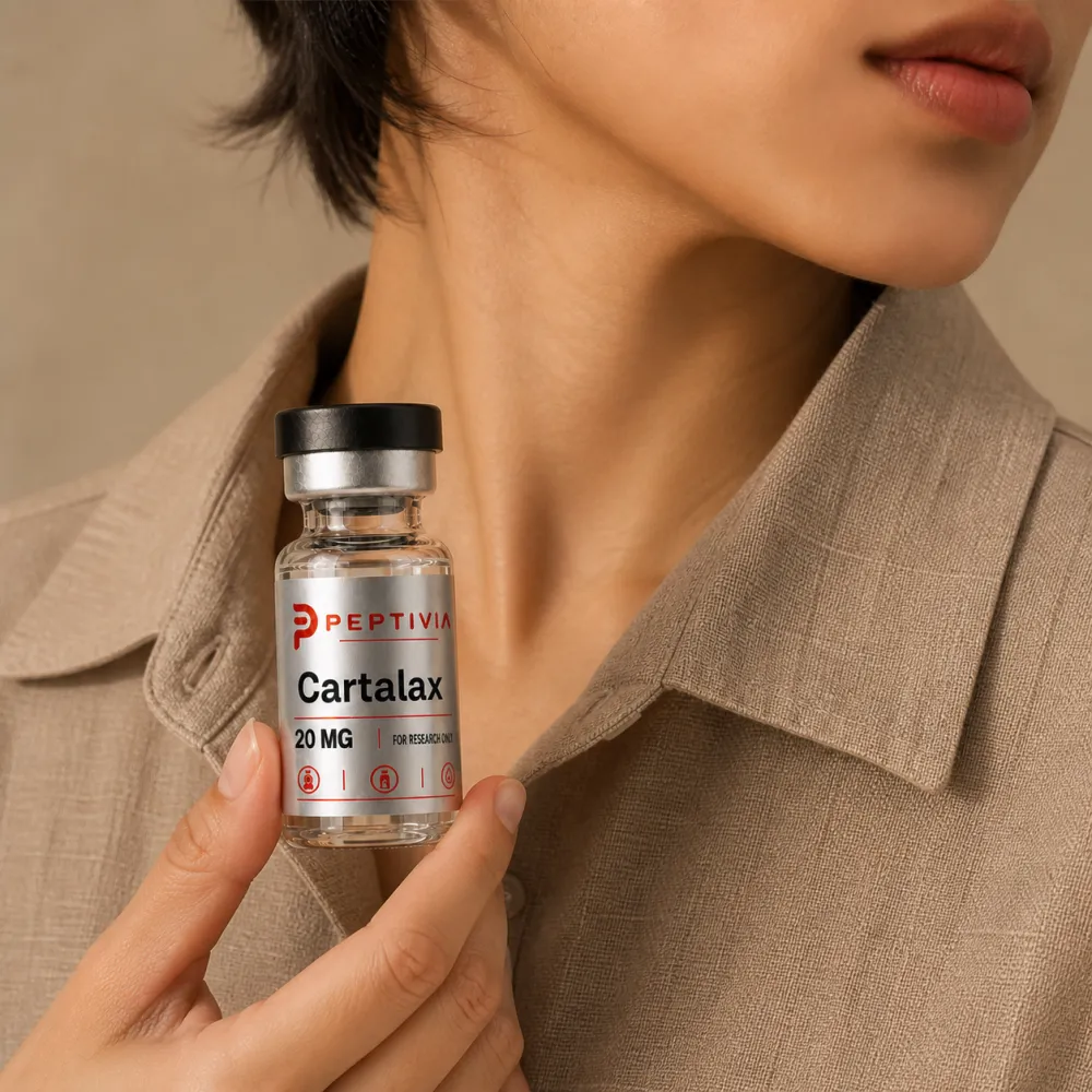 Vial Peptivia Cartalax dipegang di dekat wajah, label perak dengan wordmark merah