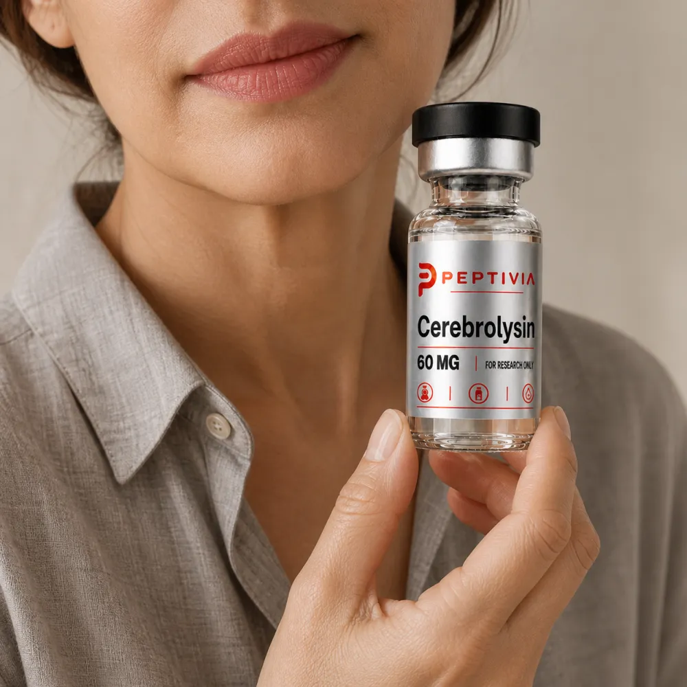 Vial Peptivia Cerebrolysin dipegang di dekat wajah, label perak dengan wordmark merah