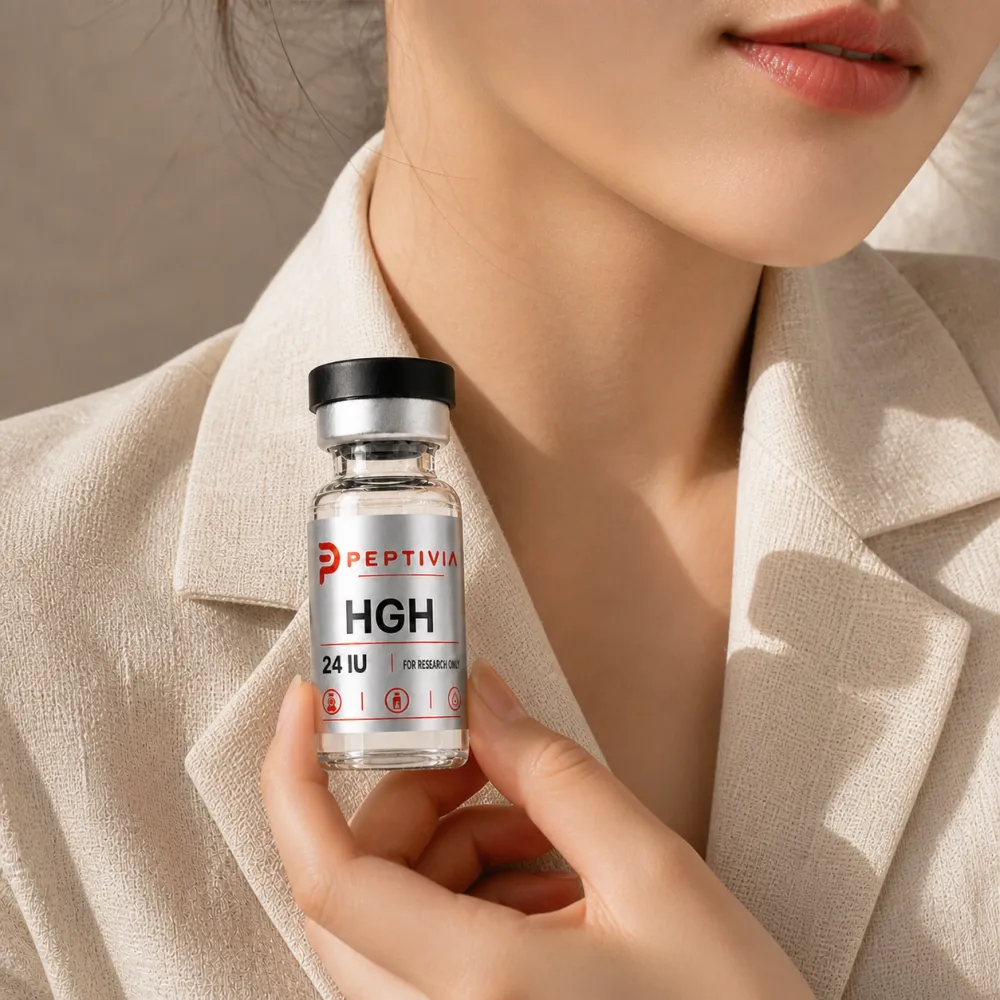 Vial Peptivia HGH dipegang di dekat wajah, label perak dengan wordmark merah