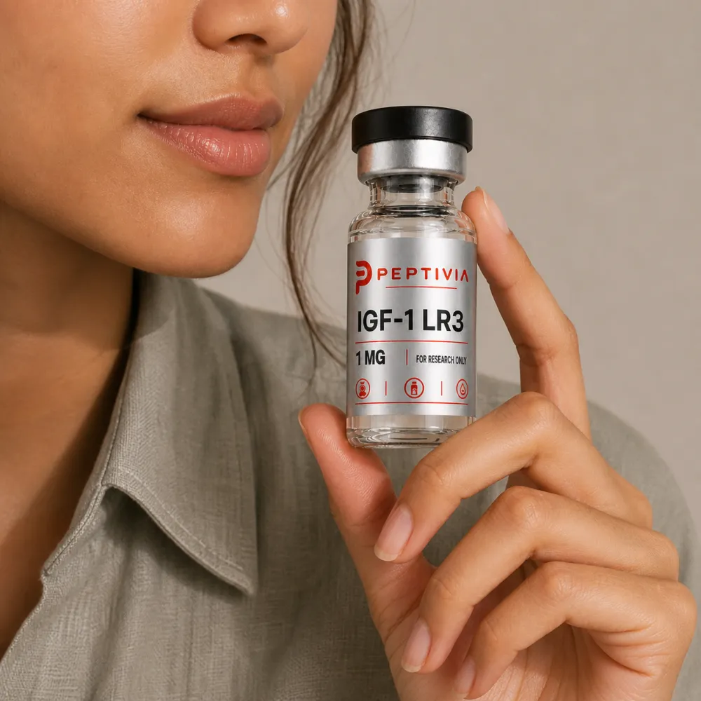 Vial Peptivia IGF-1 LR3 dipegang di dekat wajah, label perak dengan wordmark merah