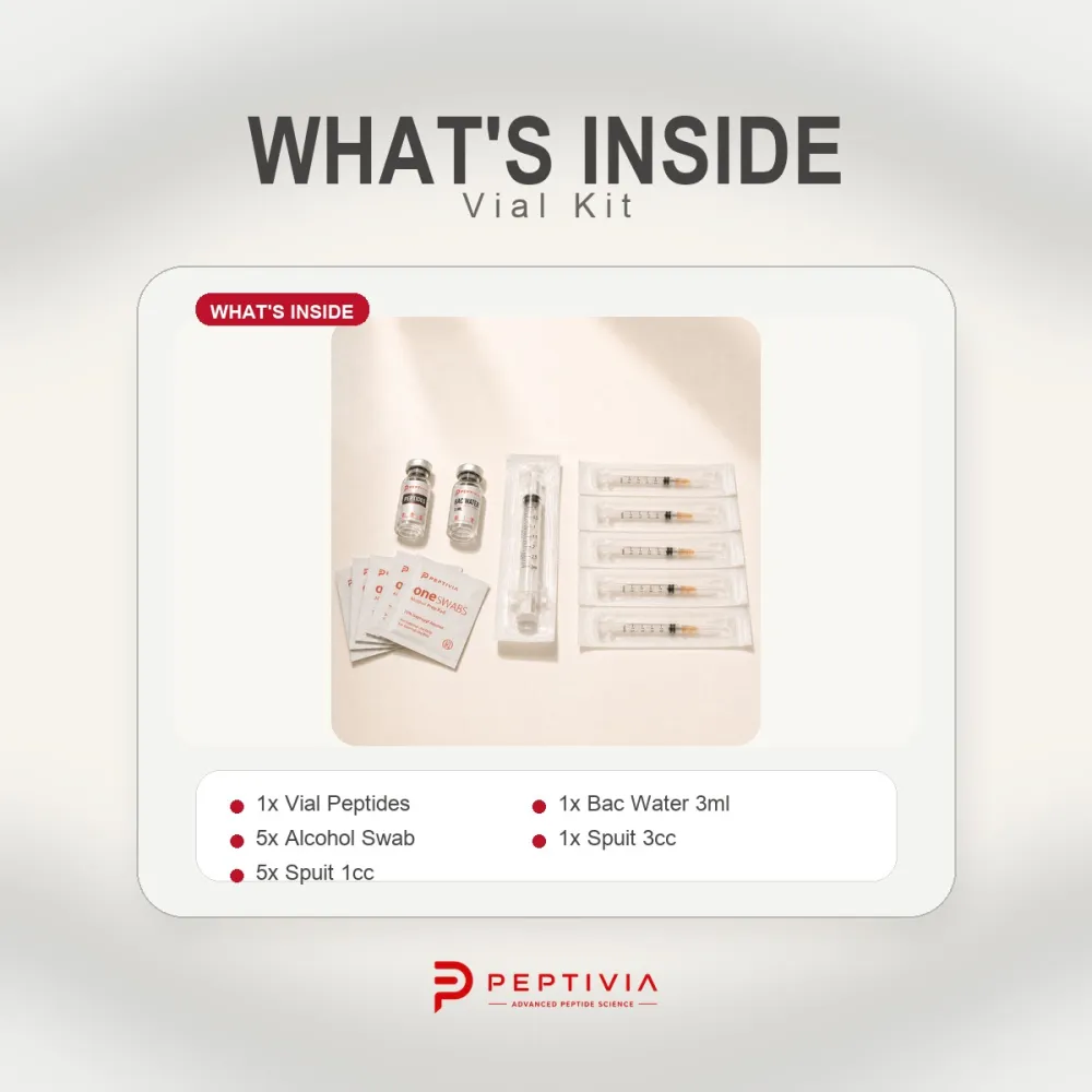 Isi Vial Kit Peptivia: 1x Vial Peptides, 1x BAC Water 3 ml, 1x Spuit 3cc, 5x Spuit 1cc, 5x Alcohol Swab