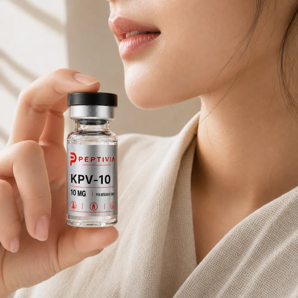 Vial Peptivia KPV-10 dipegang di dekat wajah, label perak dengan wordmark merah
