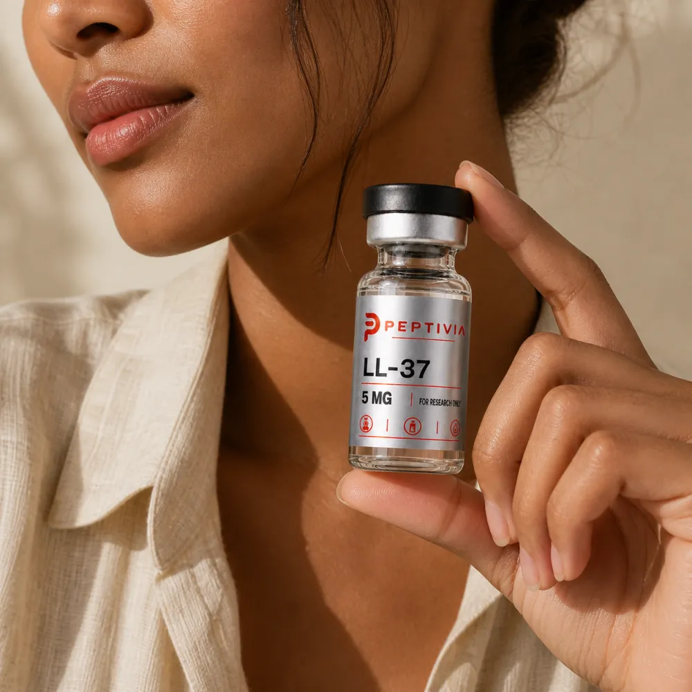 Vial Peptivia LL-37 dipegang di dekat wajah, label perak dengan wordmark merah