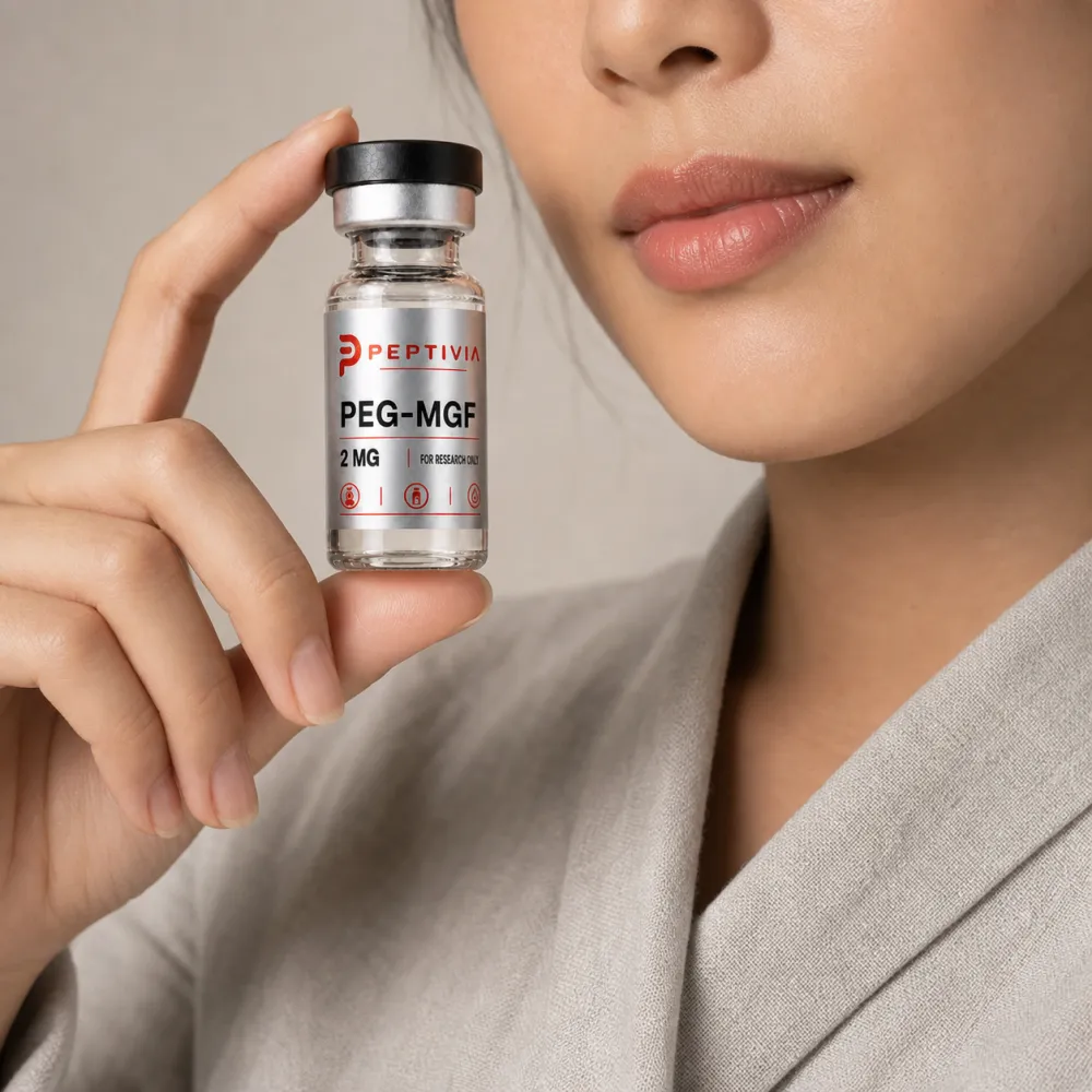 Vial Peptivia PEG-MGF dipegang di dekat wajah, label perak dengan wordmark merah