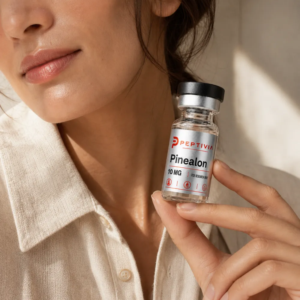 Vial Peptivia Pinealon dipegang di dekat wajah, label perak dengan wordmark merah