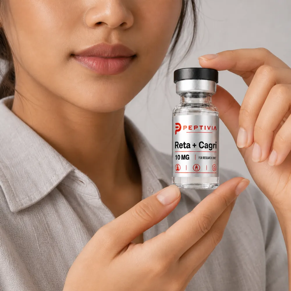 Vial Peptivia Retatrutide + Cagrilintide dipegang di dekat wajah, label perak dengan wordmark merah