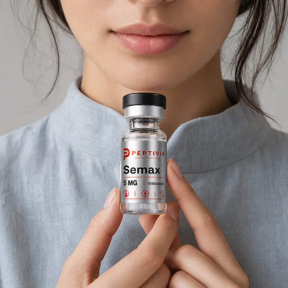 Vial Peptivia Semax dipegang di dekat wajah, label perak dengan wordmark merah