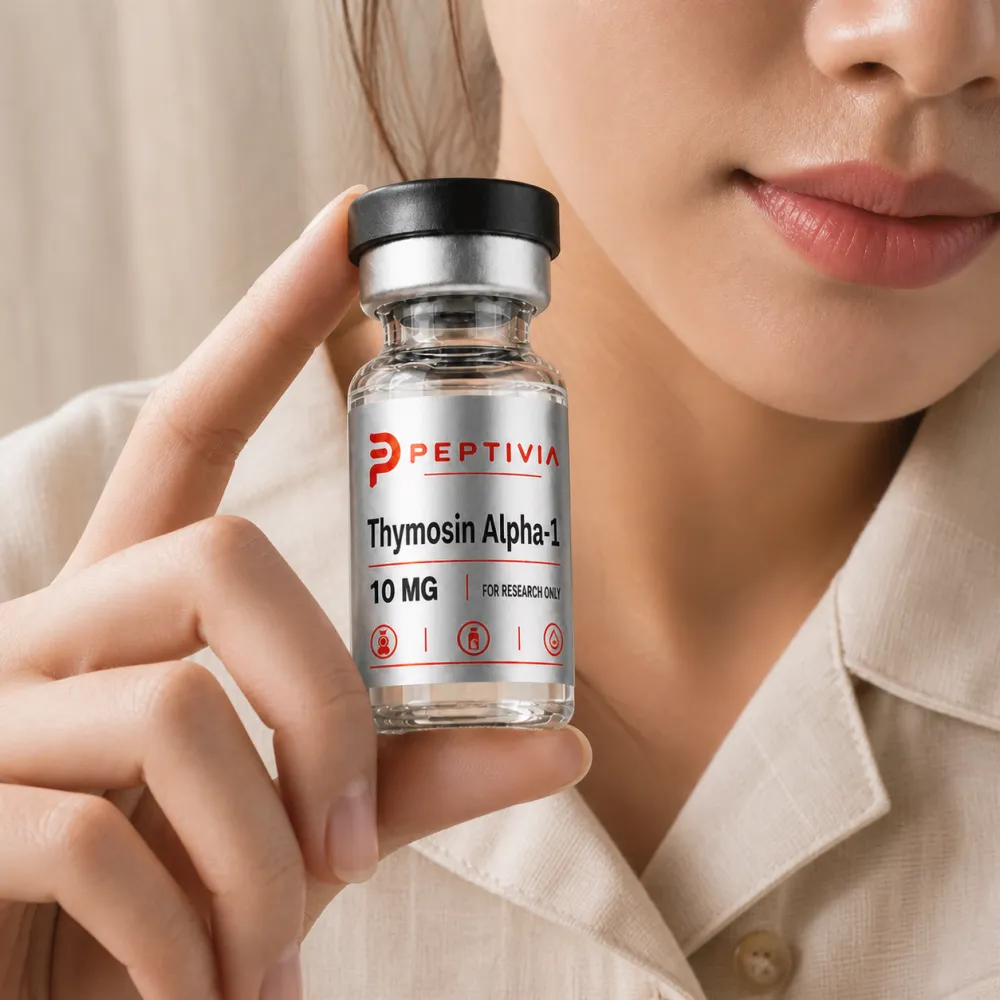 Vial Peptivia Thymosin Alpha-1 dipegang di dekat wajah, label perak dengan wordmark merah